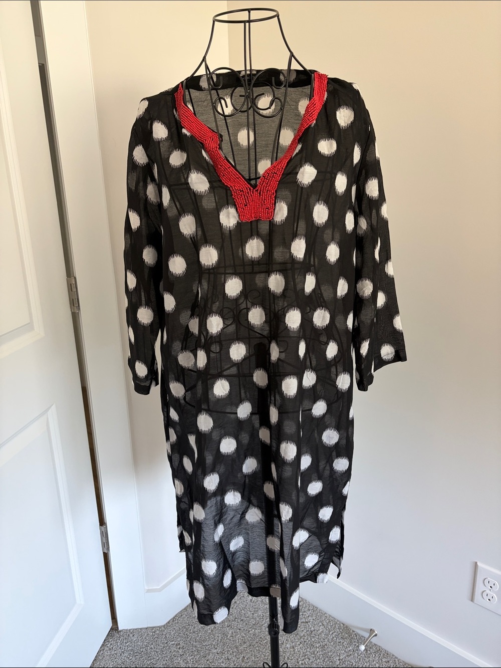Black Polka Dot Tunic Dress with Red Trim